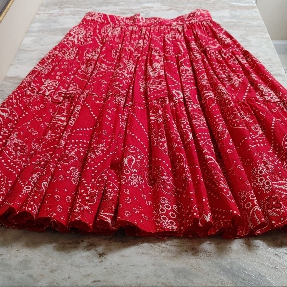 Handmade Cotton Tiered Bandana Print Red, White & Black Skirt Size XS